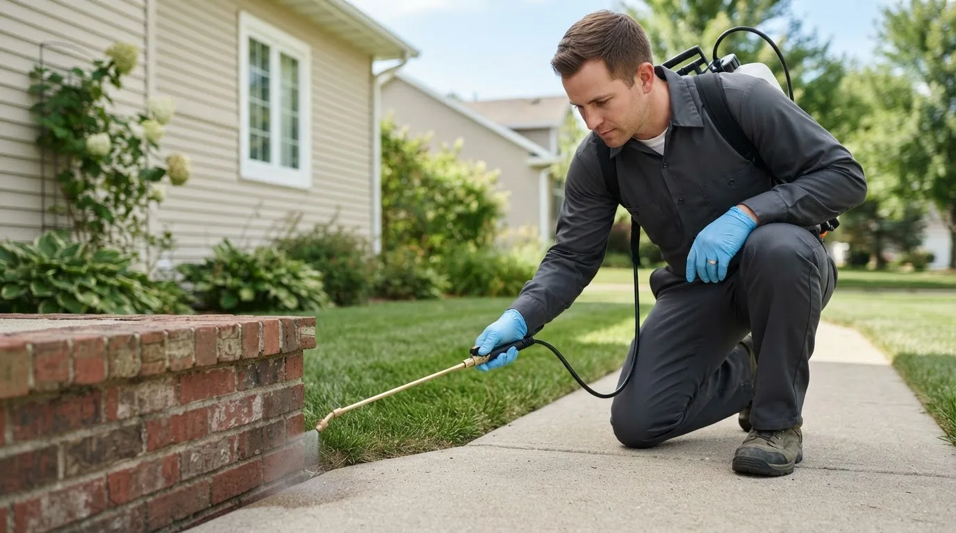 Pest control technician treating a home near Viola, IL