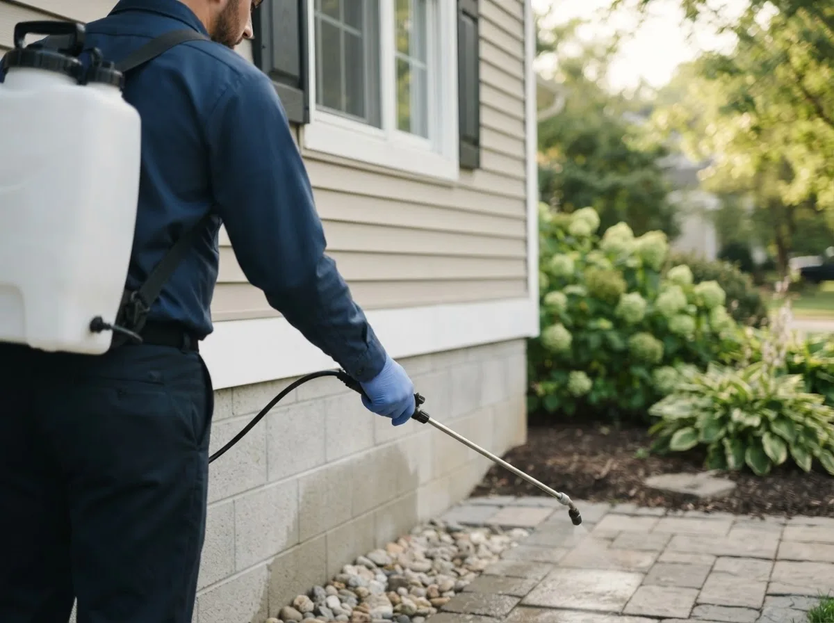 Pest control technician inspecting a home in Viola, IL
